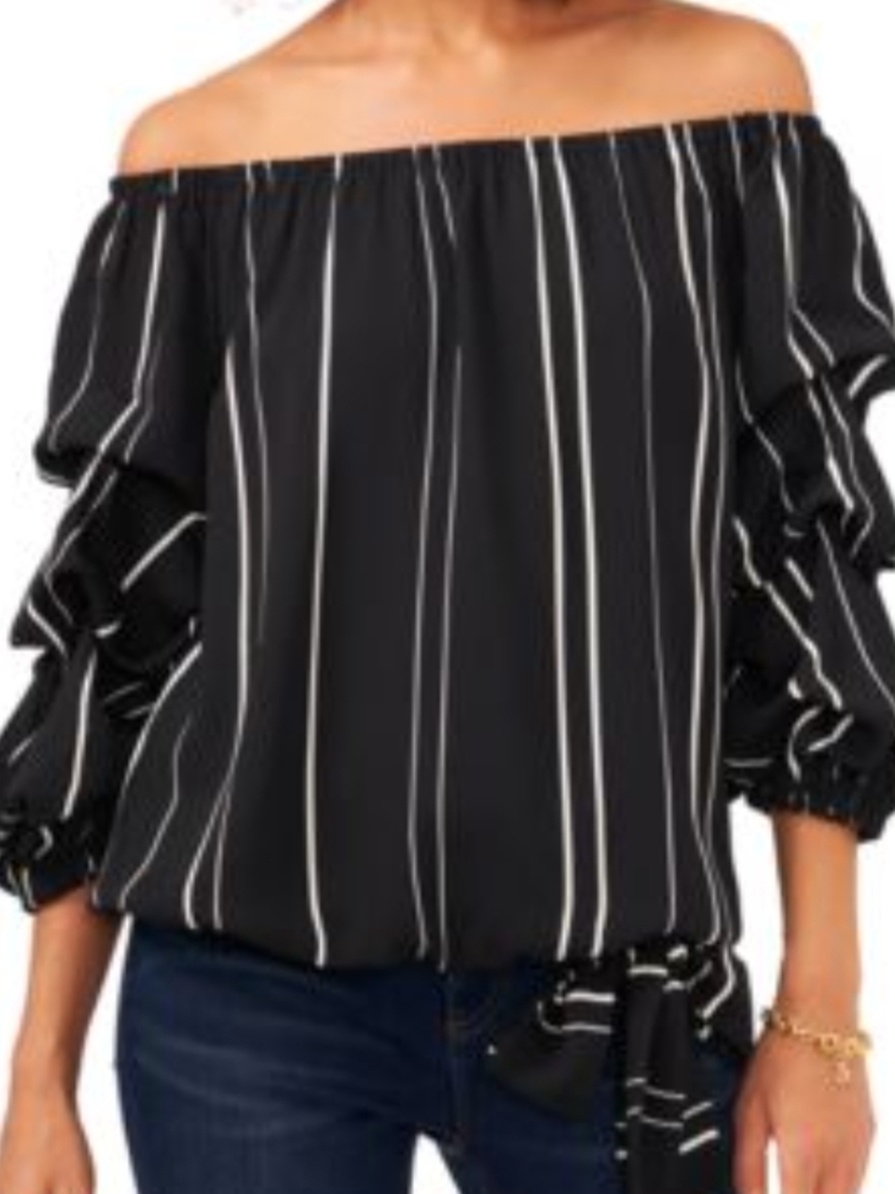 Off-Shoulder Black Stripe Tie-Hem Blouse Coco Bianco Size medium